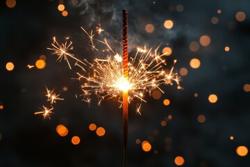 A close-up of a sparkler emitting bright, festive sparks against a backdrop of golden bokeh lights,...