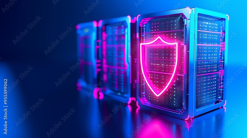 Poster digital security concept with glowing shield icon on server racks. cybersecurity protection technolo