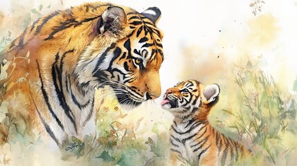 A watercolor painting depicts a majestic tiger and its playful cub. The tiger's piercing gaze and regal posture exude strength and authority, while the cub's playful antics bring a touch of warmth