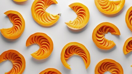 Pumpkin slices arranged to form a spiral pattern on a white surface, creating an artistic and visually striking composition with the natural orange color standing out.
