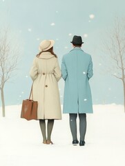 A stylish couple in winter attire walking hand in hand, surrounded by falling snowflakes, evoking feelings of love, warmth, tranquility, and nostalgia.