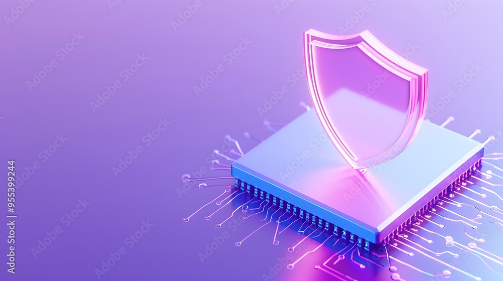 Poster digital security concept with glowing shield over microchip, representing cybersecurity and data pro