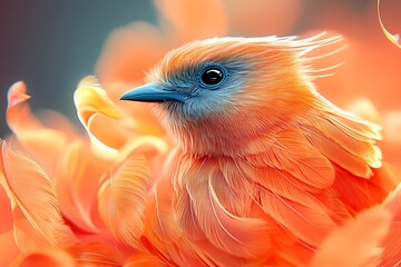 A vibrant orange bird nestled among soft, colorful feathers.