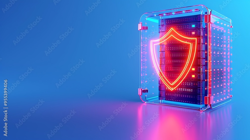 Poster digital security concept with illuminated shield icon inside open glass server case on blue backgrou