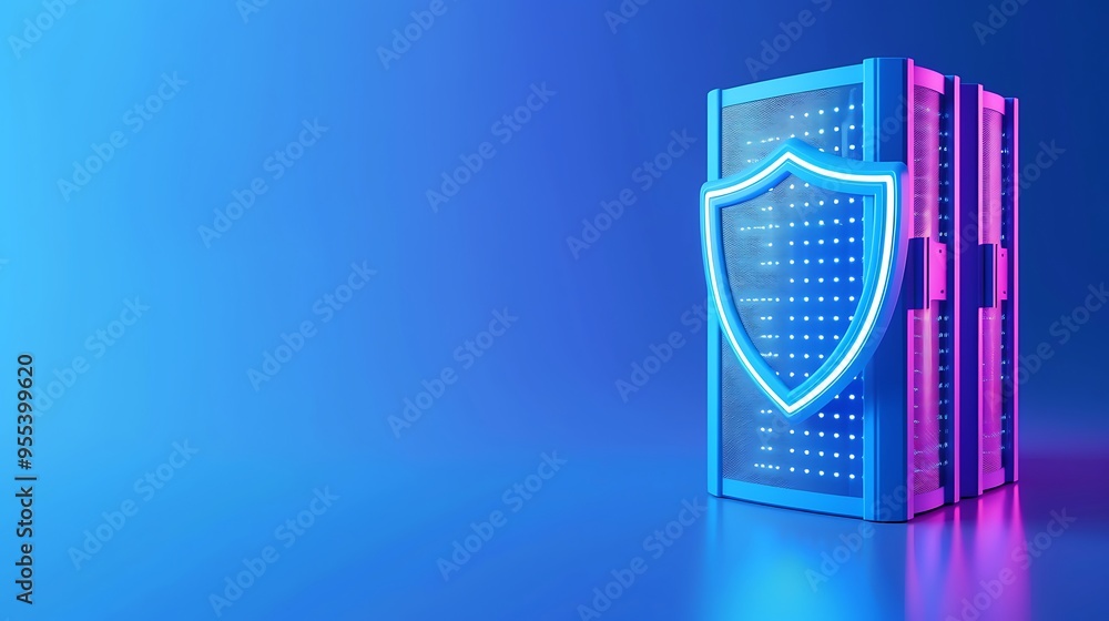Poster digital security concept with neon shield and data server on blue background, illustrating cybersecu