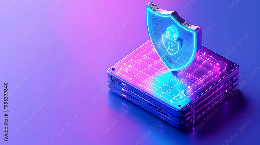 Poster digital security concept with neon shield icon over server stack, emphasizing data protection and cy