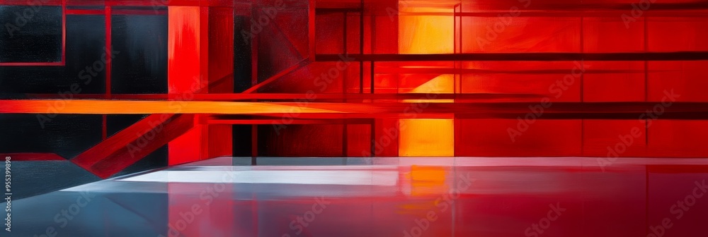 Poster a vibrant abstract painting depicting a modern architectural space with bold red lines and shapes cr