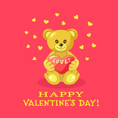 A funny light brown bear cub holds a red heart with the inscription LOVE on a square bright pink background background with hearts and the inscription Happy VALENTINE's DAY. Vector illustration.