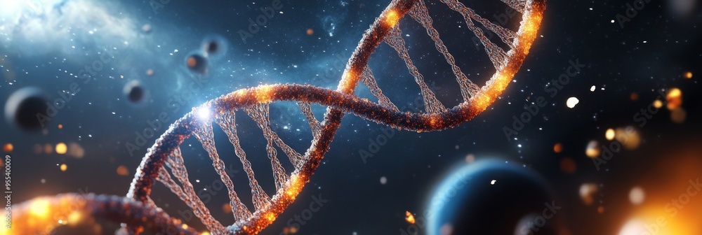 Poster a vibrant and colorful representation of dna, a double helix structure, floating in space surrounded