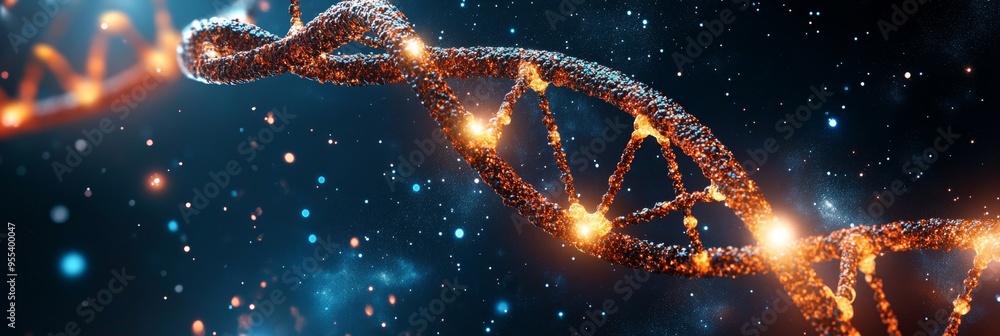Poster a vibrant and colorful representation of a dna double helix, glowing with light and set against a da