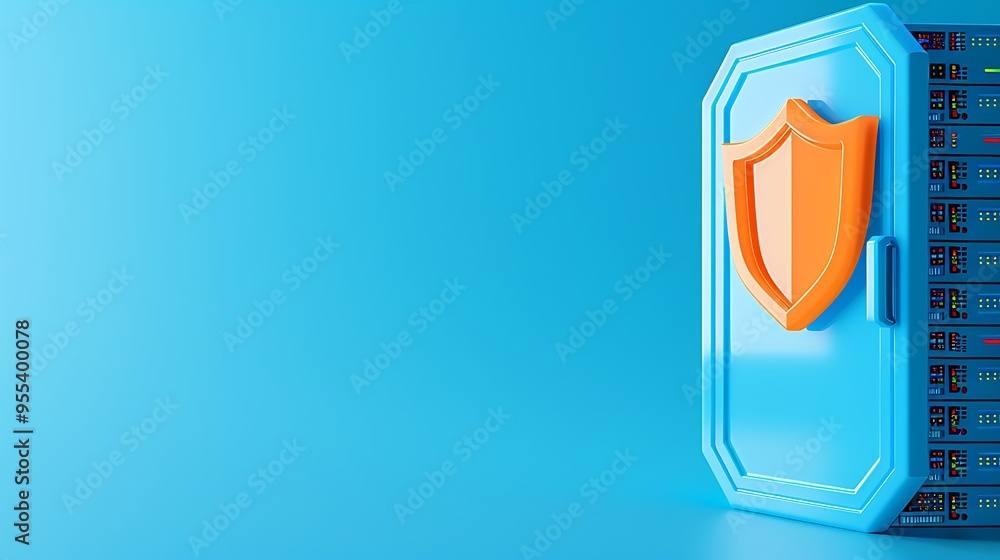 Poster digital security concept with server and shield icon on blue background emphasizing data protection 