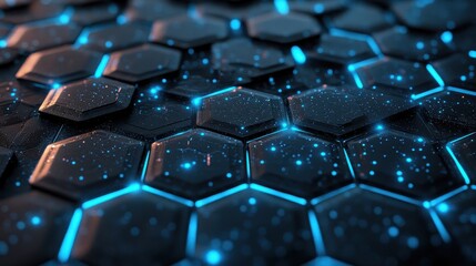 Obraz premium A dynamic hexagonal pattern illuminated by blue highlights creates a captivating futuristic atmosphere