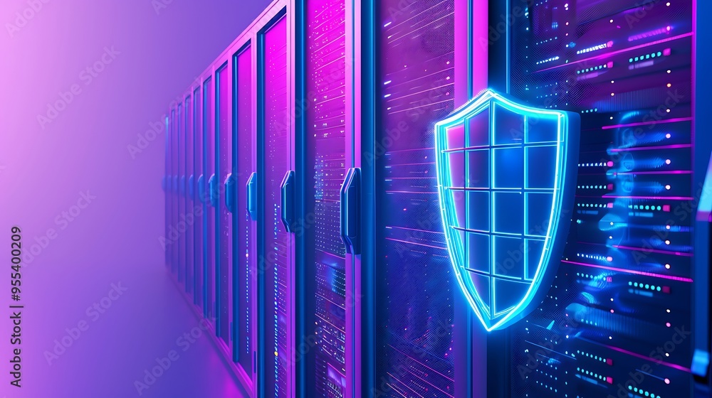 Poster digital security concept with servers in a data center protected by a glowing shield, highlighting d