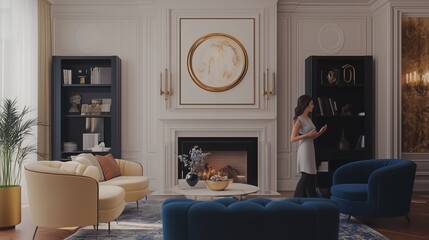 Elegant living room with cozy fireplace and stylish bookshelves, featuring a woman browsing on a smartphone in modern decor