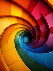 Obraz premium A vibrant and abstract digital illustration depicting a colorful spiral hallway. The colors transition smoothly from warm reds and oranges to cool blues and purples, creating a sense of depth and move