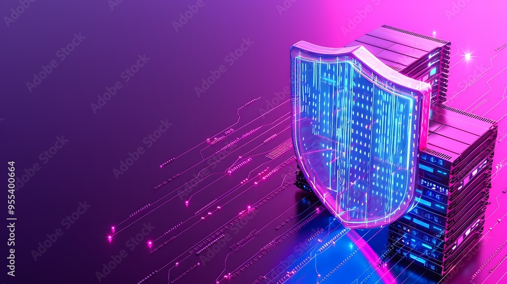 Poster digital security representation with a shield protecting data servers, symbolizing cyber protection 