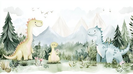 Adorable baby poster featuring playful dinosaurs amidst a serene mountain landscape in pastel hues. A whimsical hand-drawn illustration adds a touch of bohemian flair
