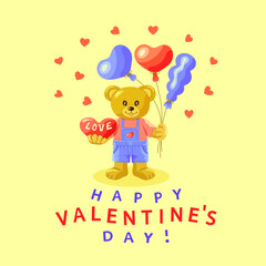 A light brown teddy bear stands with a heart and colorful balloons and the inscription Happy VALENTINE'S DAY on a yellow square background with hearts. A greeting card. Vector illustration.
