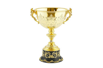 A gold trophy with intricate details and a black base isolated on a white transparent background.