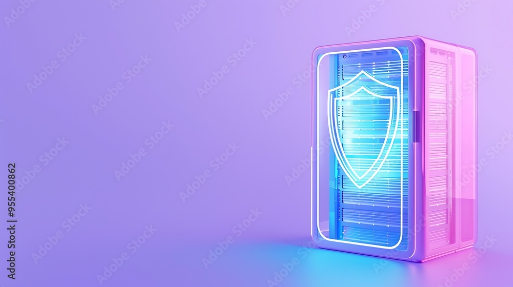 Poster digital security shield glowing in neon light on a server, representing cybersecurity and data prote
