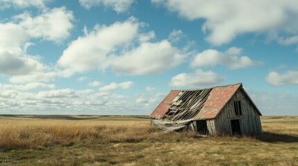 An abandoned barn with a collapsed roof, standing alone in a vast, open landscape.