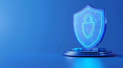 Digital security shield hologram representing cybersecurity protection against online threats, glowing in blue tones with a futuristic design.
