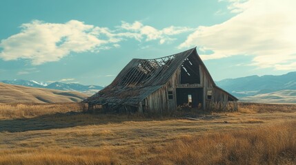 An abandoned barn with a collapsed roof, standing alone in a vast, open landscape.