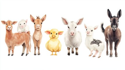 Adorable domestic animals depicted in a vibrant watercolor illustration. A playful foal, a cuddly piggy, a fluffy chicken, a loyal dog, a curious duckling, a woolly sheep, a mischievous goat