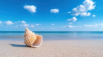 A beautiful seashell rests on the sandy beach under a bright blue sky, capturing the essence of summer and tranquility.