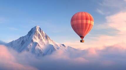 Obraz premium A vibrant red hot air balloon gracefully ascends above a snow-capped mountain peak, symbolizing adventure, freedom, exploration, and the pursuit of dreams. The clouds below create a soft, ethereal bac