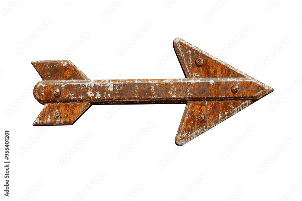 Poster a rusty metal arrow pointing to the right, isolated on a white transparent background.