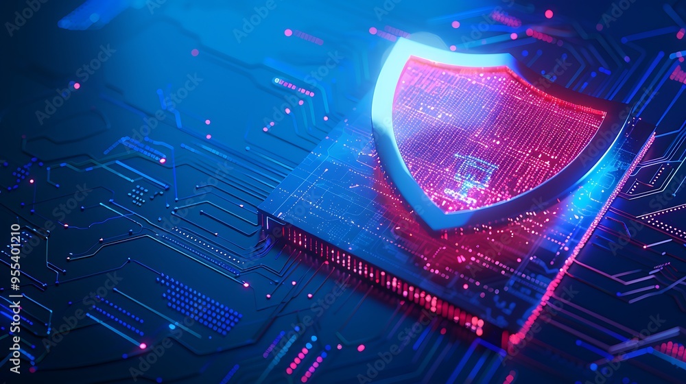 Poster digital security shield icon on a microchip, representing cybersecurity and data protection, glowing