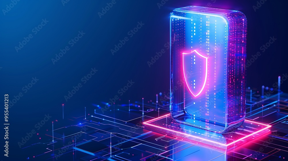 Poster digital security shield icon representing cybersecurity over a blue technological background. symbol
