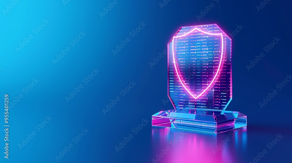 Poster digital security shield illuminated with neon colors, symbolizing cybersecurity and data protection 