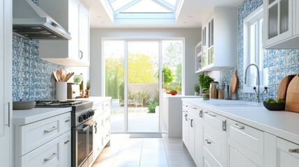 Fototapeta premium A bright kitchen with a skylight, white cabinets, and a pop of color from the backsplash tiles.