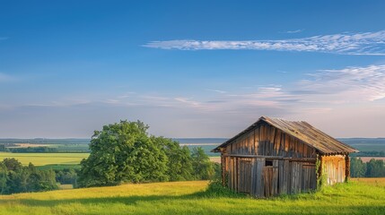 A quaint hut made of wood, nestled in a field of green, with the backdrop of a stunningly blue and clear summer sky.