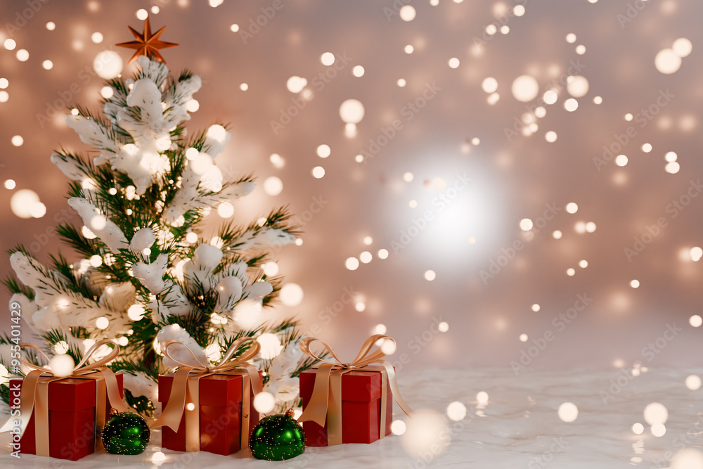 Poster christmas tree adorned with decorations and gifts, surrounded by a snowy backdrop and soft glowing l