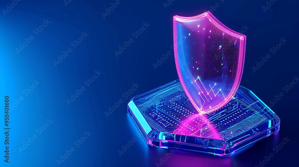 Poster digital security shield on a glowing circuit board, representing cybersecurity and data protection i