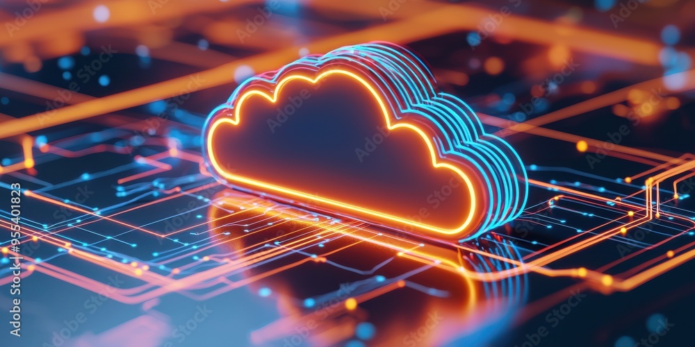 Poster futuristic cloud icon on a digital circuit board, symbolizing cloud computing and modern technology.