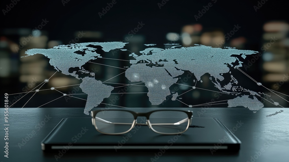 Poster a smartphone in the foreground highlights a digital network overlaying a blurred world map, illustra