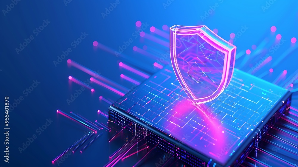 Poster digital security shield over network data, representing cyber protection and encryption in a futuris