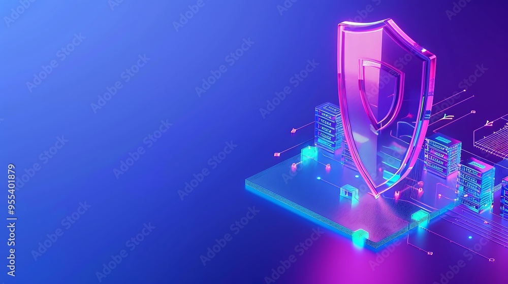 Poster digital security shield protecting data in a futuristic digital environment, symbolizing cyber prote