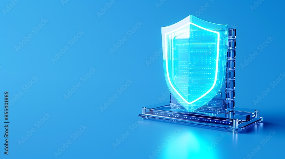 Poster digital security shield protecting computer data and network. cybersecurity concept with a glowing s