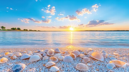 Obraz premium A beautiful sunset over calm waters, featuring seashells on a sandy beach, creating a serene and picturesque coastal scene.