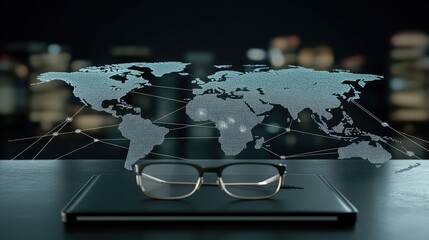 A smartphone in the foreground highlights a digital network overlaying a blurred world map, illustrating global connectivity and communication across borders