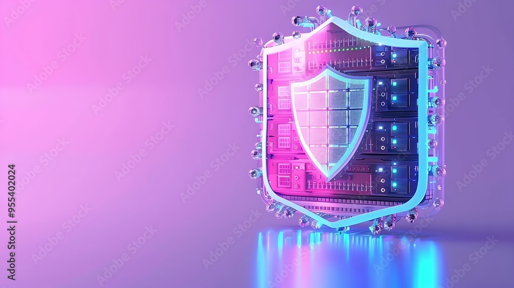 Poster digital security shield protecting server data with neon lights, representing cybersecurity and data