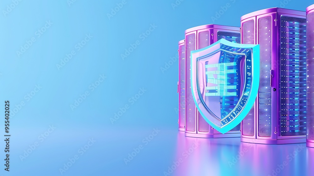 Poster digital security shield protecting server data storage with futuristic design for cybersecurity and 
