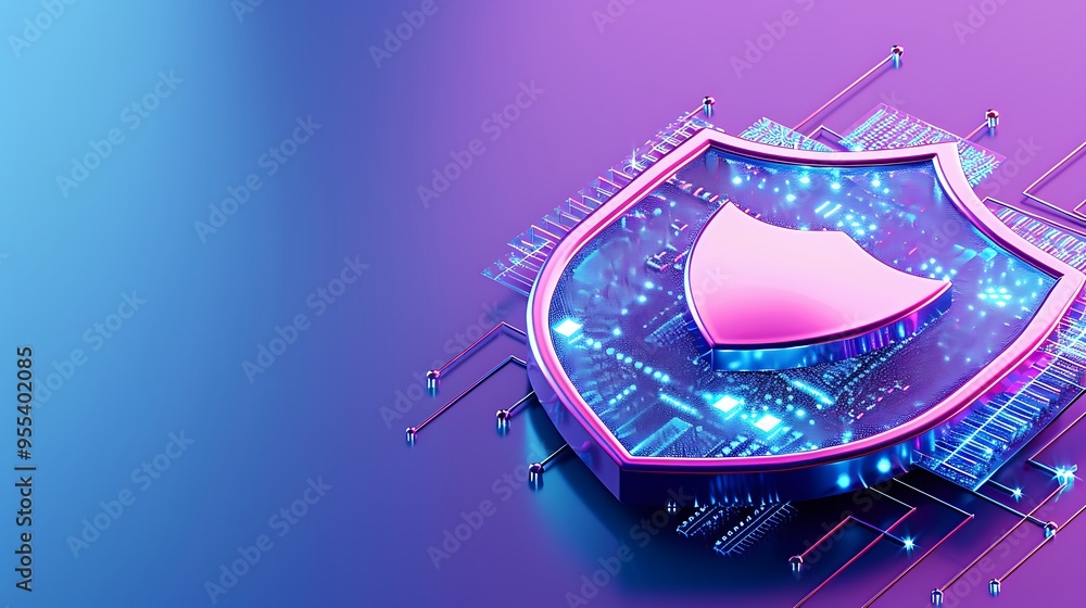 Poster digital security shield representing cybersecurity and data protection on a glowing circuit board, w