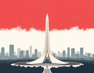 a poster for heroes day with national monument in Jakarta with faded indonesian flag in sky