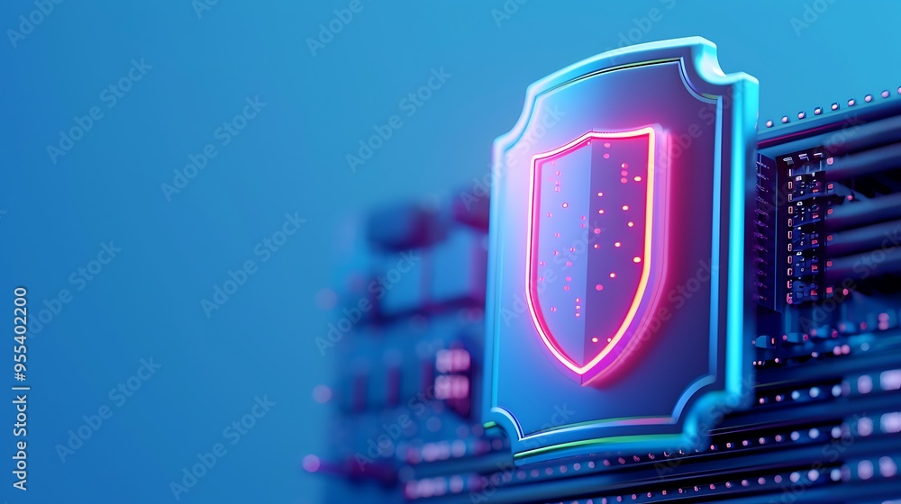 Poster digital security shield symbol on a circuit board, representing data protection and cybersecurity in